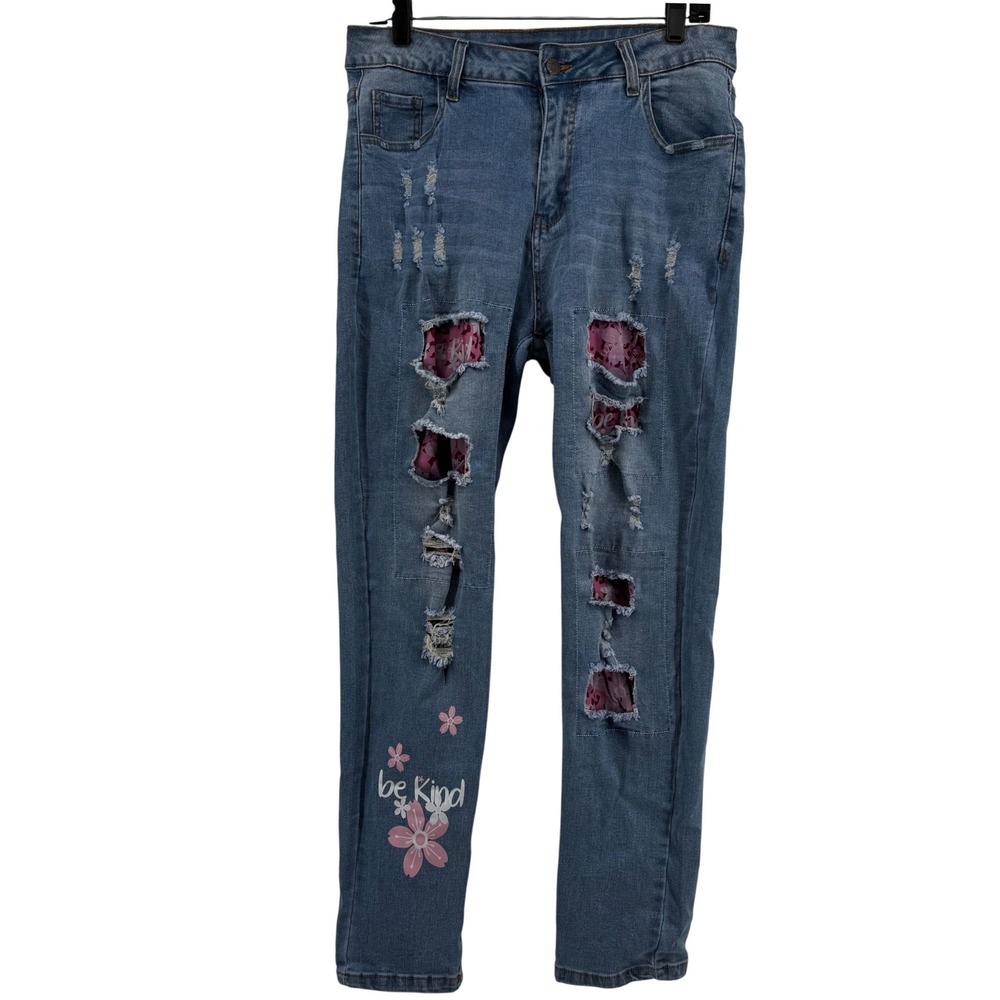 Unbranded Be Kind Distressed Pink Patch Skinny Jeans Light Wash Blue Women Large